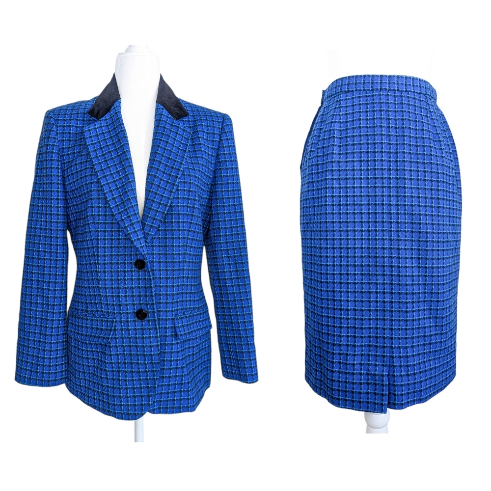 PENDLETON Vintage Blue Black Plaid Velvet Collared Wool Blazer Skirt Set Size 6